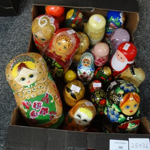 302 - Box containing Russian Dolls, various designs, some made in USSR, some more modern: Santa Clause, Ow... 