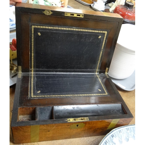 309 - Victorian walnut brass banded wooden writing slope with leather insert writing surface.    (B.P. 21%... 