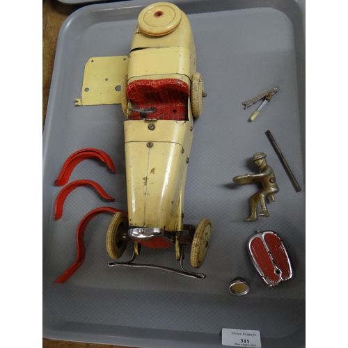 311 - Metal 1930s   Meccano Ltd, Liverpool, racing car construction set made from tin plate, cream body wi...