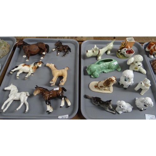 313 - Two trays of animal figures, one of horses, one of dogs.  Horses include: Hummel, Beswick foals, Leo... 