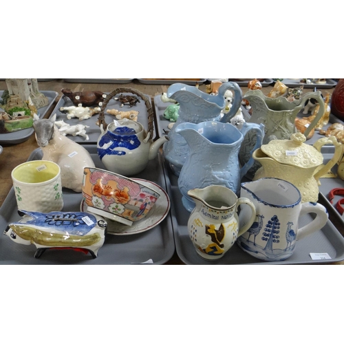 314 - Two trays of china to include: 19th Century moulded relief design jugs; Sir Walter Scott commemorati... 