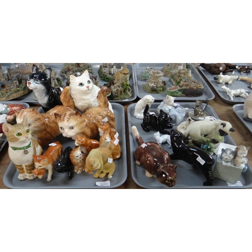 316 - Two trays of mostly ceramic cat figures, to include: Nao Pottery kittens, Hummel, Sylvac, Kowa Siame... 