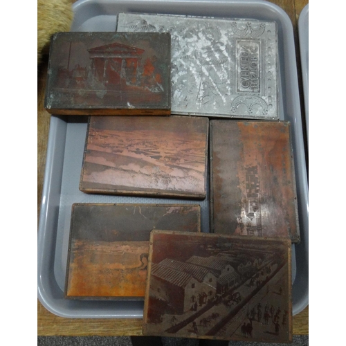 319 - Tray of printing plates, mostly copper with landscape scenes, one possibly book cover 'Historic Caer... 