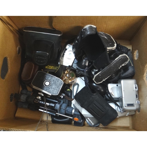 324 - Box of assorted items, mostly camera equipment to include: a leather cased Zenit-E Moshva 80, Olympu... 