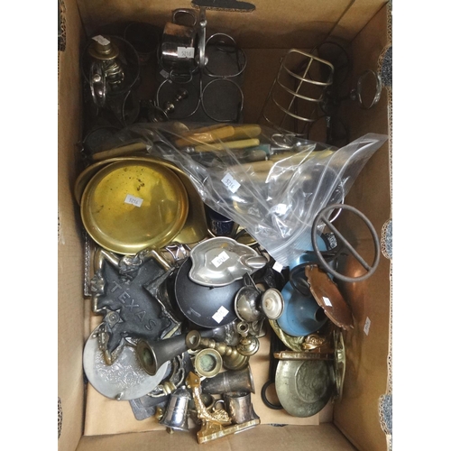 329 - Box of metalware, to include: loose cutlery, plated toast rack, candle holders cruet set holders, br... 