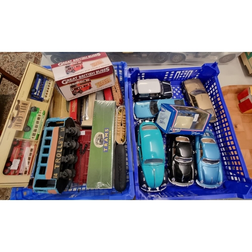 370 - Two trays of assorted diecast model vehicles, some in original packaging, to include: buses and cars... 