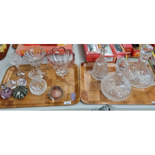 380 - Four trays of assorted glassware to include: candelabrum, ovoid vase, cranberry glass epergne and ot... 