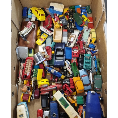 383 - Box of assorted diecast model vehicles, including some early Dinky, Matchbox, Corgi etc.  in playwor... 