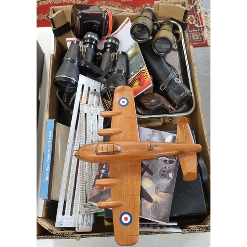 384 - Box of assorted items to include: various binoculars, rustic wooden model of an RAF Aeroplane, teles... 