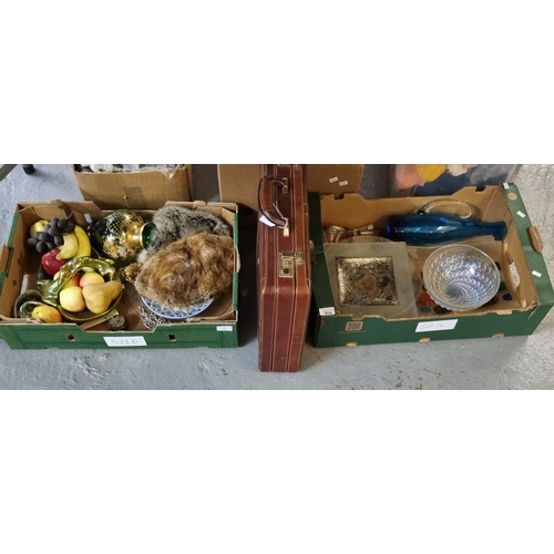 398 - Tray of artificial fruit, odd china, Venetian glass vase, attache case and items on glassware.  (2) ... 