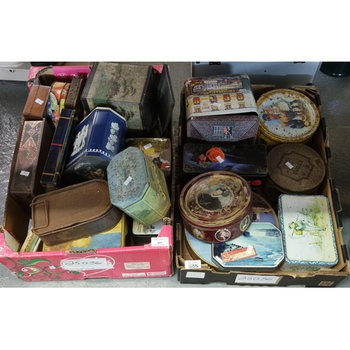 405 - Two trays of assorted vintage biscuit tins etc.   (B.P. 21% + VAT)