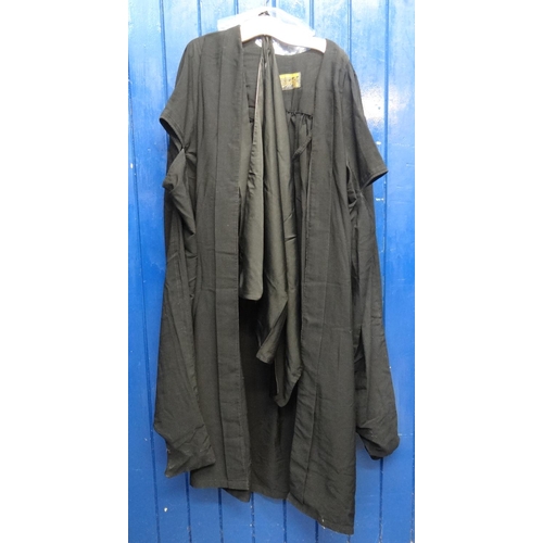 419 - Long black academic robe with long sleeves and 'A.G Almond Ltd, Sidney St, Cambridge' label. Togethe... 