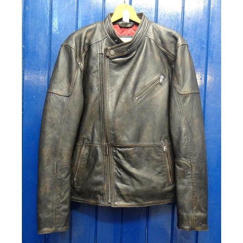 422 - Joe Brown's leather motorbike jacket with red padded lining, size Large. With original labels.   (B.... 