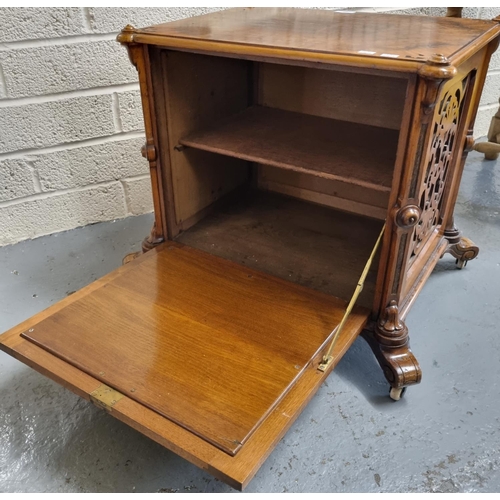 435 - Victorian walnut cabinet with fretwork panel on scrolled feet. Possibly the base of a What-not.  (B.... 