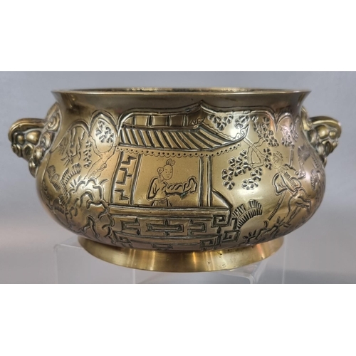 54 - Heavy Chinese bronze baluster shaped bowl with dragon dog mounts and deeply engraved decoration of f... 