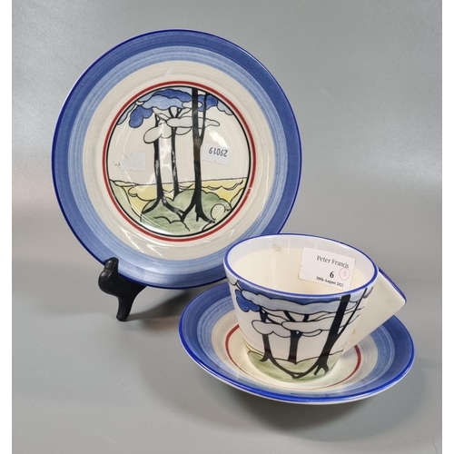 6 - Wedgwood Centenary Clarice Cliff Bizarre 'Blue Firs' pattern trio, comprising: small plate, saucer a... 
