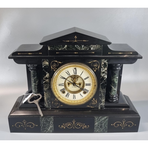 79 - Early 20th century black slate and marble two train architectural; mantle clock with ceramic Roman f... 