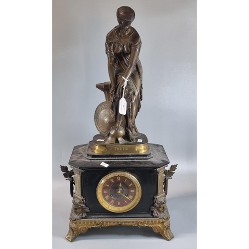 81 - Early 20th century black slate gilt metal mounted figural mantel clock, the clock surmounted by a pa... 