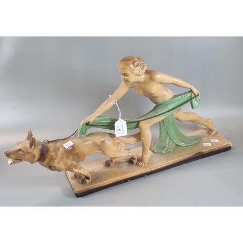 82 - Art Deco design plaster figure group of a woman with dog.  60cm long approx.  (B.P. 21% + VAT)