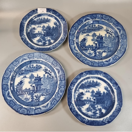 99 - Group of four similar 19th century Staffordshire Pearlware Pottery blue and white transfer printed p... 