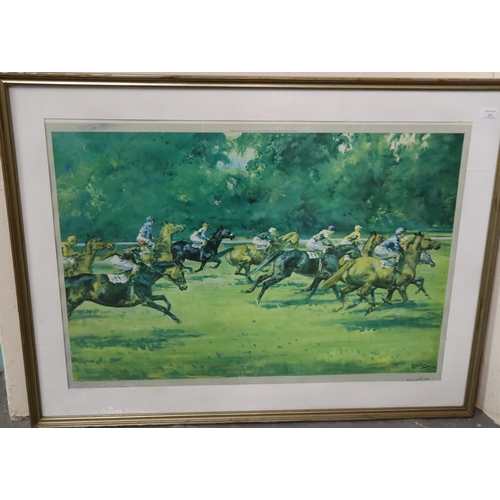 132 - After Michael Lyne, horseracing scene, signed in pencil and within the plate, coloured print.  62x90... 