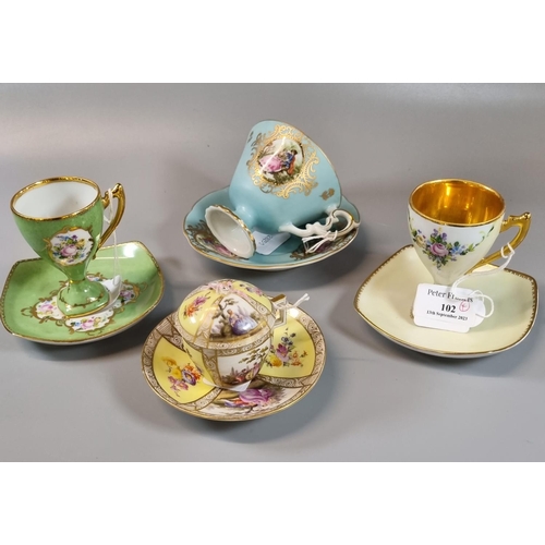 102 - Collection of four continental porcelain cabinet cups and saucers: Limoges, Meissen design etc.  (4)... 