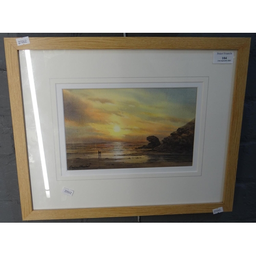 104 - Graham Hadlow (Welsh contemporary), 'Mid- Summer Sunset, Llangrannog', signed.  Watercolours.  15x25... 