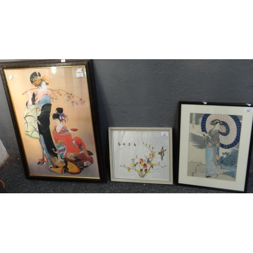 106 - Large Japanese coloured print depicting two female figures.  68x46cm approx.  Framed and glazed.  To... 