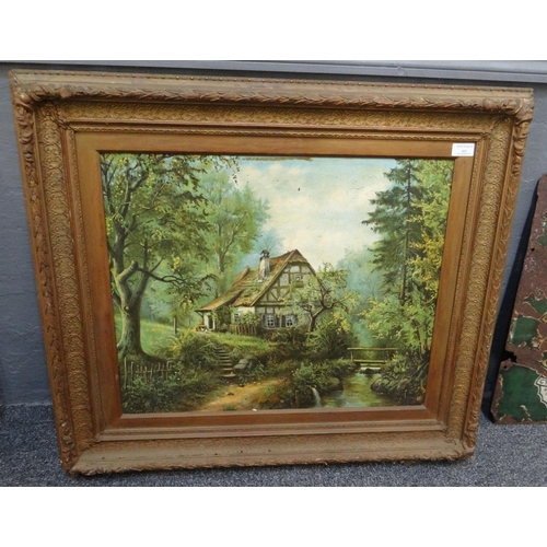 111 - Large furnishing print, cottage in a wood,.  Framed.  (B.P. 21% + VAT)