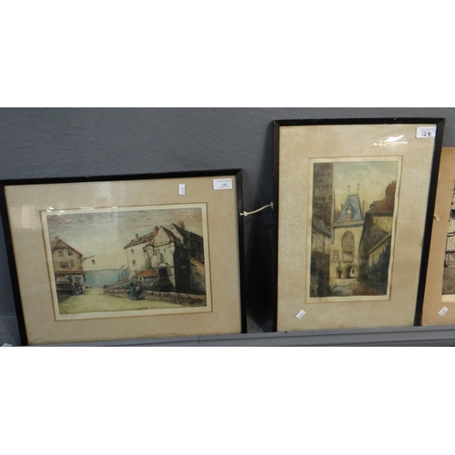 128 - Group of assorted architectural etchings, various: street scenes, cloisters etc.  Six framed, one un... 