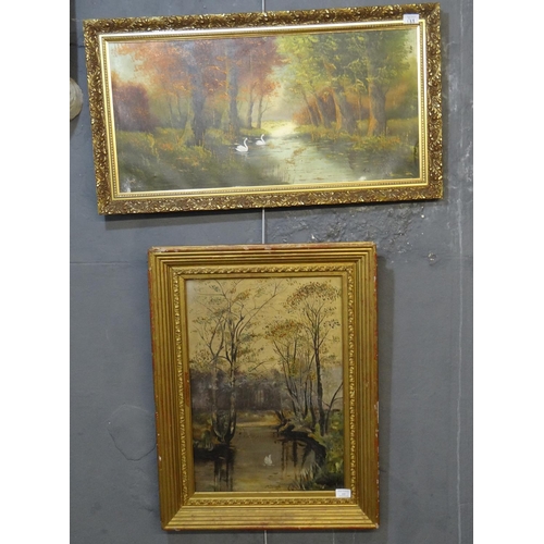 133 - J Prothero, Sylvan stream with swans, one signed dated 1928.  Oils on canvas.  Framed.  (2)  (B.P. 2... 