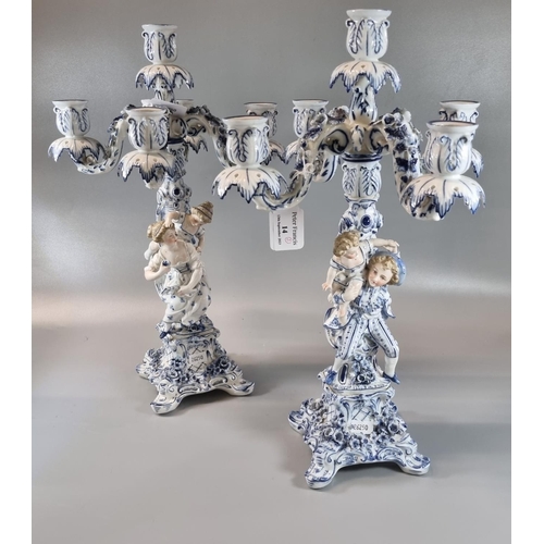 14 - Pair of early 20th century German porcelain Sitzendorf table candelabra with figural mounts in blue ... 