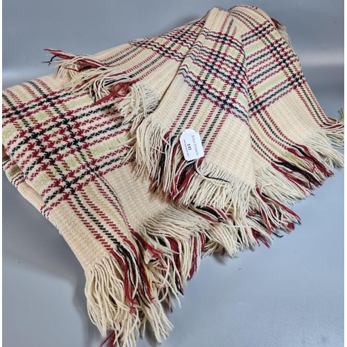 141 - Vintage woollen cream ground blanket or carthen with check design and fringed edge. 
(B.P. 21% + VAT... 