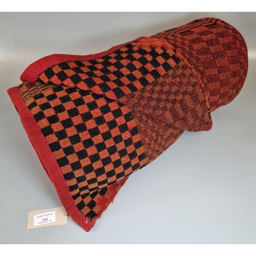 143 - Dark red and black vintage woollen small narrow loom Welsh tapestry blanket in check design.
(B.P. 2... 