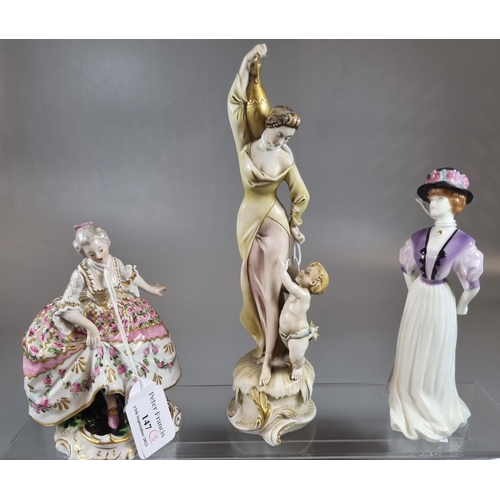 147 - Royal Worcester 'Lady Camille' figurine together with a continental figure of a lady and an Italian ... 