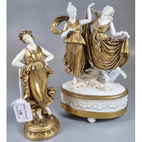 148 - Capodemonte white and gilt porcelain figure group of dancing ladies together with another Capodemont... 