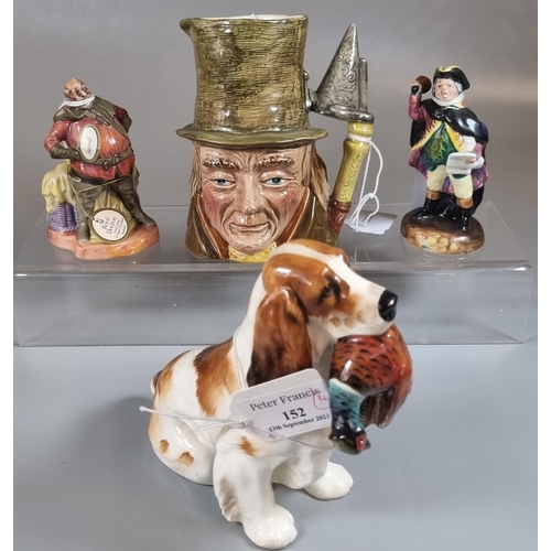 152 - Two Royal Doulton bone china figurines to include: 'Town Crier' and 'Falstaff' together with a Royal... 