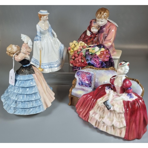 160 - Four Royal Doulton bone china figurines, to include: 'Flower Seller's Children', 'Susan', 'Summertim... 