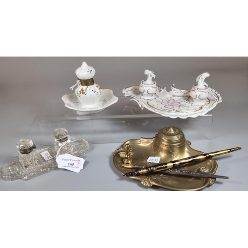 165 - Collection of four porcelain, glass and brass desk inkwells, one particularly in Art Nouveau style, ... 