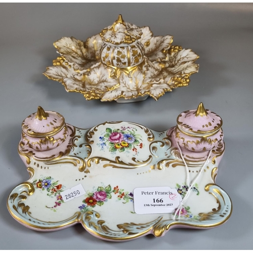 166 - Two early 20th century continental porcelain floral and foliate inkwells.  (2)  (B.P. 21% + VAT)