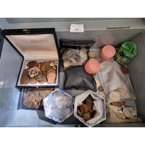 168 - Tin box of assorted coinage, mainly GB, copper and some silver, Royal military Police badge etc.  (B... 