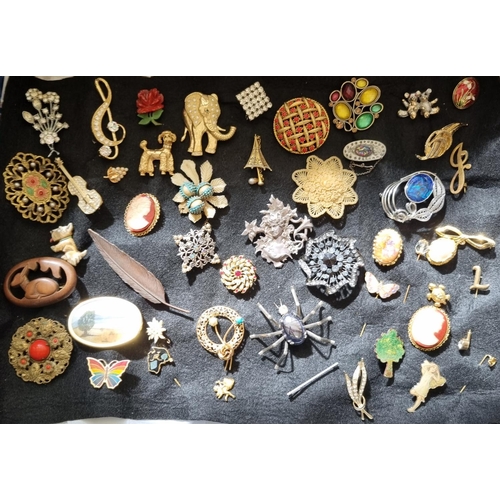 170A - Collection of statement brooches to include: spider, fern, wooden deer, plastic flower brooch, Art N... 