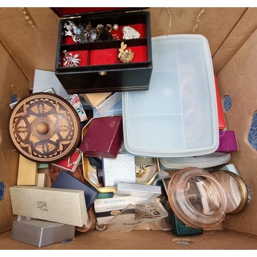 177 - Box of assorted costume jewellery to include: brooches, necklaces, pill box, pearls etc.  (B.P. 21% ... 