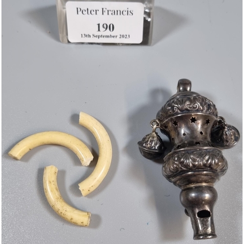 190 - 19th century silver baby's rattle with tassels, whistle and bone teething ring.   (B.P. 21% + VAT)