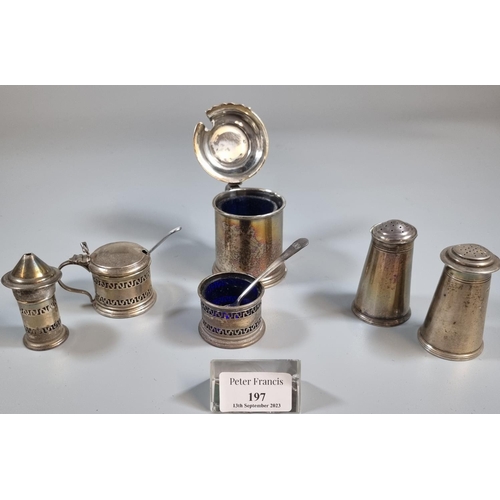 197 - Collection of silver condiments, some with blue glass liners.  9 troy oz approx.  (B.P. 21% + VAT)