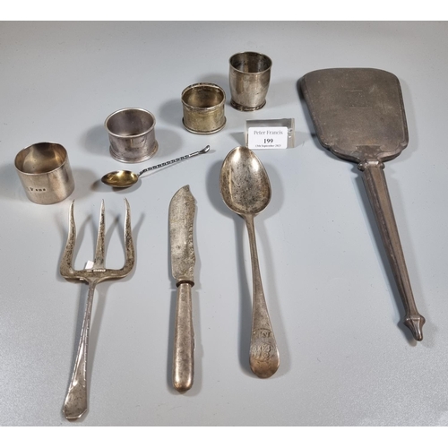 199 - Collection of silver items to  include: early 20th century engine turned hand mirror, silver napkin ... 