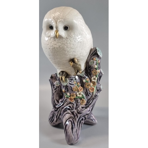 2 - Continental porcelain study of a white owl on naturalistic tree stump with flowers and foliage. Unma... 