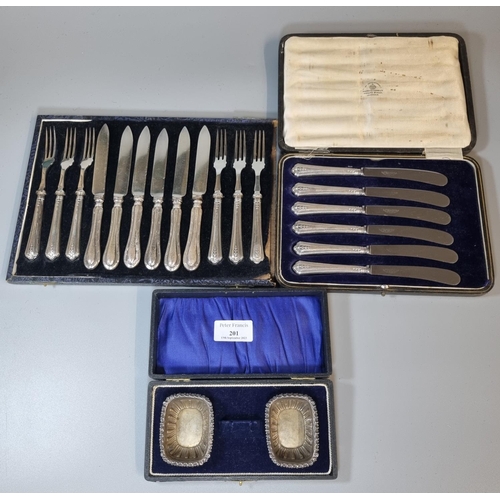 201 - Cased set of silver salts (missing their two spoons) together with a cased set of six silver handled... 