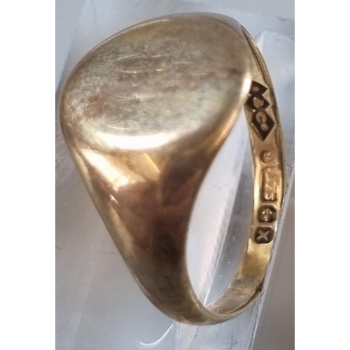 209 - 9ct gold signet ring.  2.1g.  Size J.  (B.P. 21% + VAT)