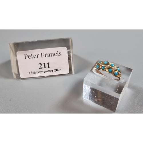 211 - Yellow metal probably Victorian thirteen stone turquoise and seed pearl ring.  2.3g approx.  Size J.... 